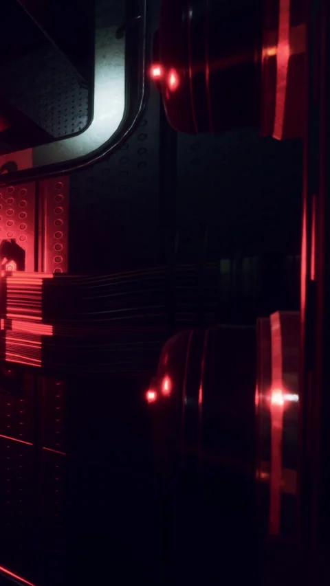 Close up of computer hardware with red lights and wires in dark setting Stock Footage 337924636