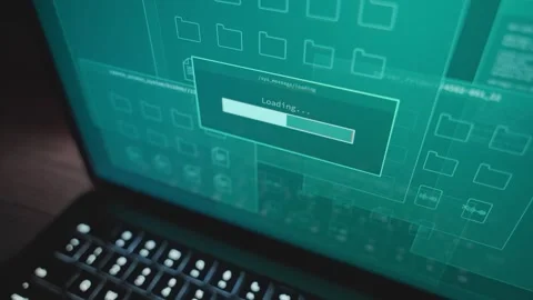 Close up computer laptop screen loading data and information with remote access Видео 330530574