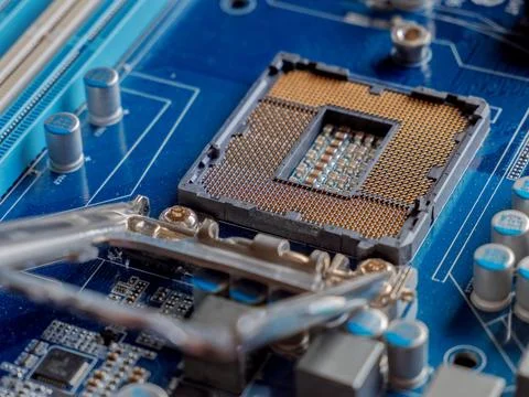 Close-Up of a Computer Motherboard and CPU Socket Stock Photos