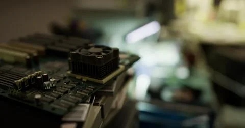 Close up of a computer motherboard with components on a workbench Stock Illustration