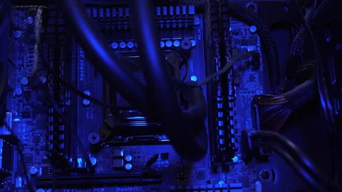 An up-close of the computer motherboard, in dynamic changing hues, Stock Footage 274066737