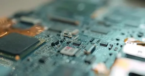 Close-up of a computer motherboard with electronic components Stock Photos