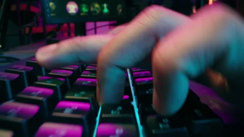 Close up computer mouse keyboard hands fingers typing player streamer gamer Stock Footage 284998849