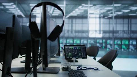 Close up of computer peripherals on server room desk Stock Footage 319575682
