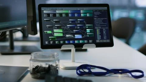Close up of computer peripherals on server room desk Stock Photos
