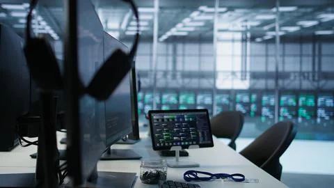 Close up of computer peripherals on server room desk Stock Photos