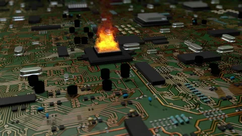 Close up of computer processor CPU on fire from overload Stock Footage 139748408