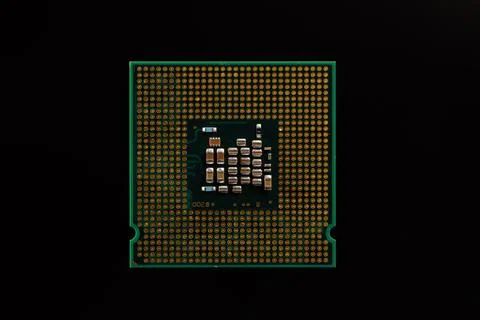 Close-Up of a Computer Processor Isolated on a Black Background Foto stock