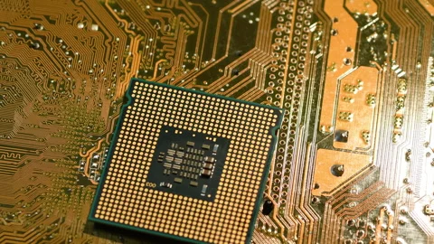 Close-up of computer processor over printed electronic circuit board Stock Footage 209230587