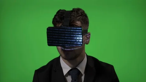 Close up of a computer programmer man dressed in suit coding on vr augmented  Stock Footage 86425767