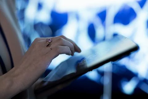 Close up of computer scientist using AI model machine learning and tablet Stockfoto's