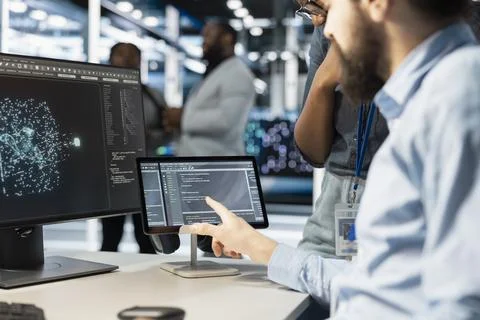 Close up of computer scientists in data center office using AI automation tools 스톡 사진