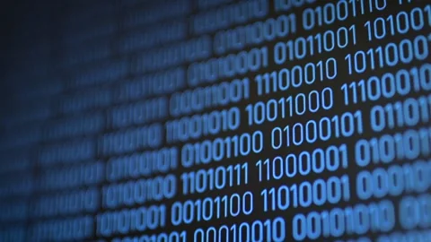 Close up of computer screen with blue 0 and 1 digits moving on black background Stock Footage 289128516