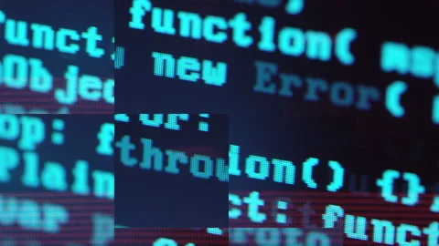 Close up of computer screen with blue programming code, glitch distortion and Stockbeeldmateriaal 318076015