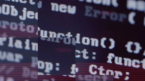 Close up of computer screen with blue programming code, glitch distortion and Stockbeeldmateriaal 318961233