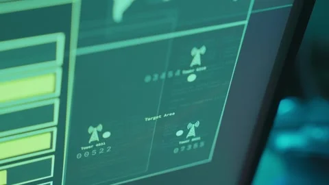 Close up on computer screen with cell towers connection and data collection Stock Footage 339890494
