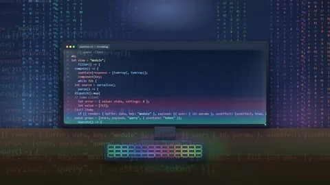 Close up of computer screen displaying complex software programming code with Vídeos de archivo 343170650