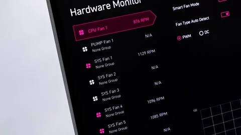 Close-up of a computer screen displaying a hardware monitor interface with .. Stock Footage 314389109