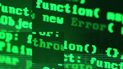 Close up of computer screen with green programming code, glitch distortion 動画素材 345106067