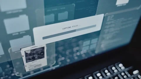 Close up computer screen progress bar copying top secret documents to server Stock Footage 311538284