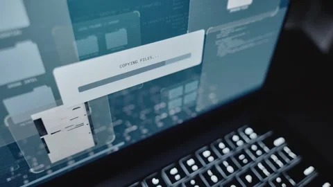 Close up on computer screen progress bar copying secret files to server cloud Stock Footage 311538322