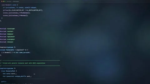 Close up of computer screen showing complex software code scrolling in a dark Stock Footage 336774133