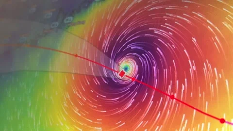 Close-up computer screen showing major typhoon with swirling winds and storm Video stock 317613432