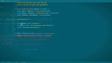 Close up of computer screen showing React JavaScript code being written in a Stock Footage 339975289