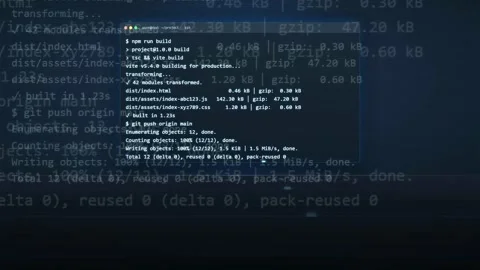 Close up of computer screen showing scrolling lines of code and software build Stock Footage 343168502
