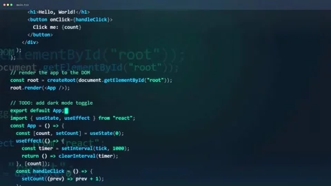 Close up of computer screen showing scrolling javascript react code in a dark Stock Footage 343172033