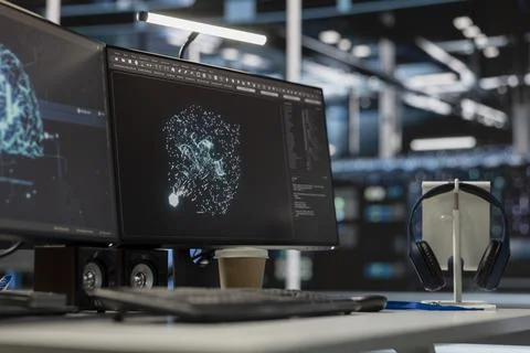 Close up of computer screens in server room monitoring artificial intelligence Foto stock