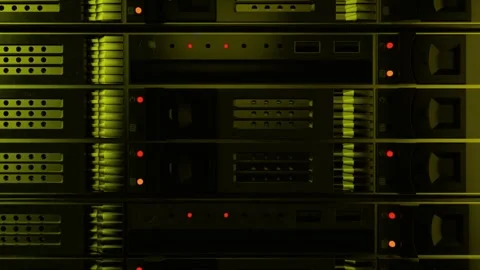 Close up of computer server rack with blinking lights in data center Stock Footage 340355945