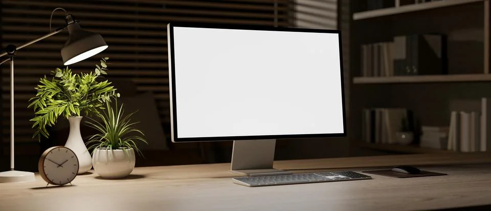 A close-up of a computer with a white screen mockup on a wooden desk in a r.. Stock Illustration