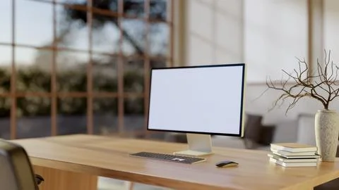 A close-up of a computer on a wooden table, set in a cozy Scandinavian room. Stock Illustration