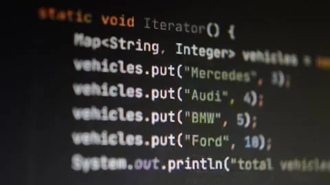 Close-up computer's monitor with code program scrolling Stock Footage 199018319