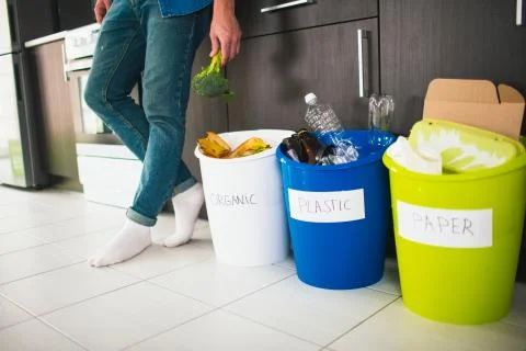 Close-up concept. Sort garbage at home. There are three buckets for different Stock Photos