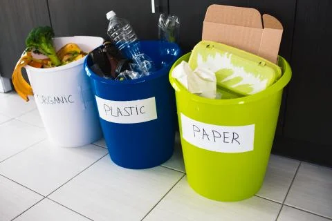 Close-up concept. Sort garbage at home. There are three buckets for different Stock Photos