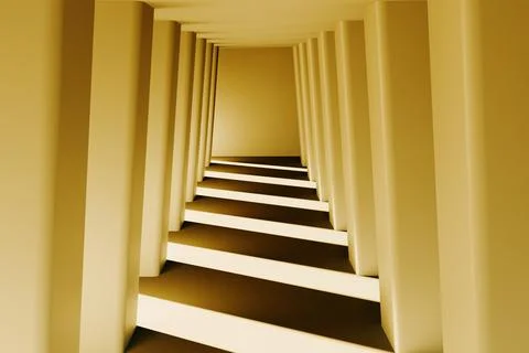 Close-up of concrete corridor with rays of sunset light. 3d rendering illustr Stock Photos