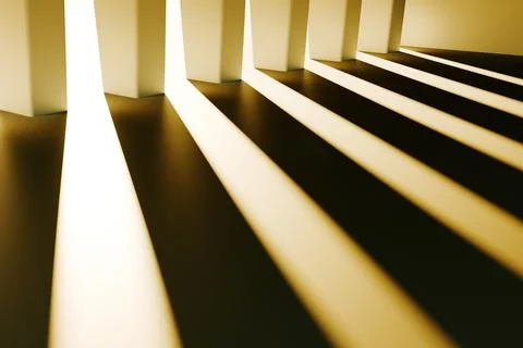 Close-up of concrete corridor with rays of sunset light. 3d rendering illustr Stock Photos