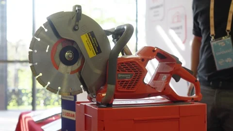 Close Up Concrete Cut Off Saw Machine for Public Works and Construction Site Stock Footage 346411086