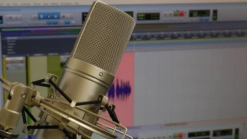 Close-up Condensor Microphone in Shock Mount Recording in DAW Stock Footage 96818896