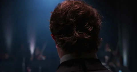 Close up of conductor directing symphony orchestra on classic theatre stage Stock Footage 154006798