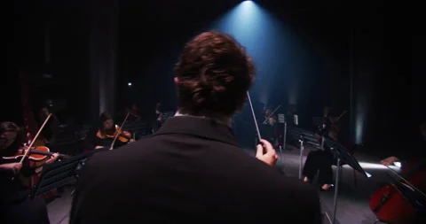 Close up of conductor directing symphony orchestra on classic theatre stage Vidéo 154006859