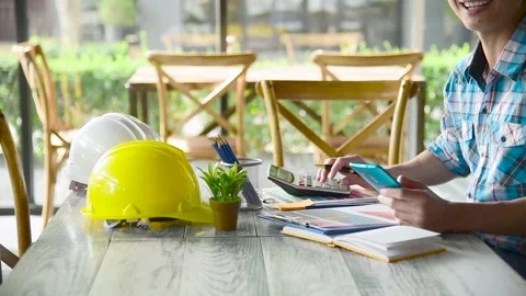 Close up construction engineer man hands working at office desk architect workpl Stock Footage 205987619