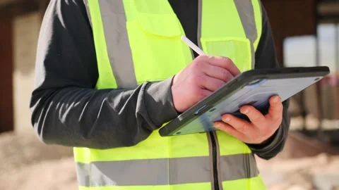 Close up construction worker hands using tablet and stylus making notes Stock Footage 275071989