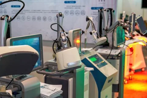 Close-up of the control computer of the multifunctional medical equipment Foto stock