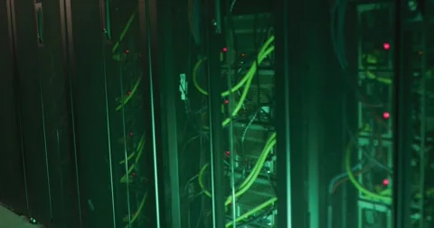 Close up of control lights and multiple cables on computer servers in tech room Stock Footage 342391538