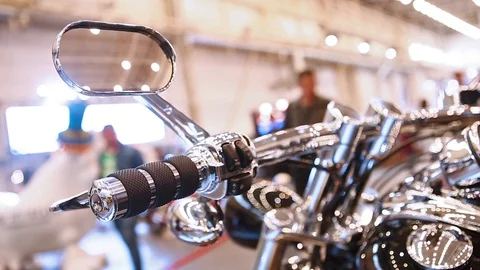 Close-up of the control panel and rear-view mirror of a motorcycle. Stock Footage 114573182