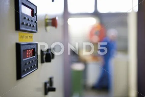 Close-Up Of Control Panel On Weaving Machine In Carpet Tile Factory