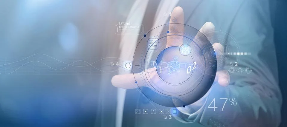 Close-up of the control of the virtual satellite panel. 3D render Stock Illustration